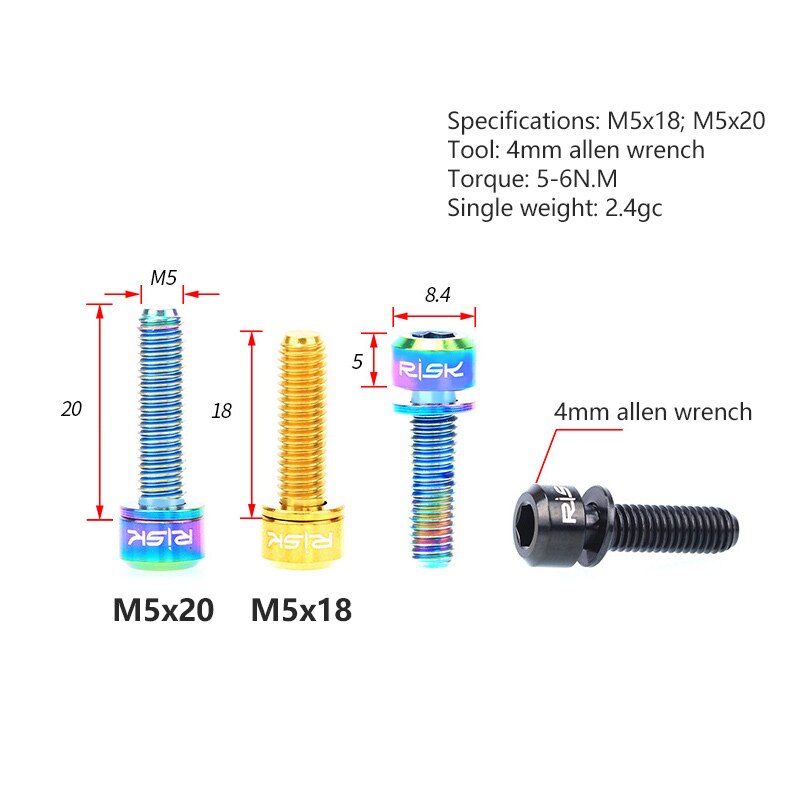 RISK-Tornillos para eje para ciclismo, accesorios de titanio/M5x20mm con arandela, para eje de dirección de bicicleta de montaña, ultraligeros, 6 uds.