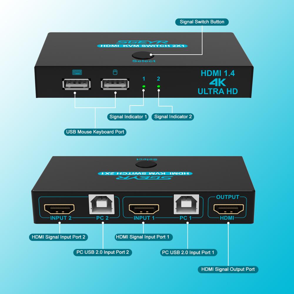Sgeyr hdmi kvm switch 2 port dele 2 computere med en skærm 2 x 1 usb kvm hotkey metal switch med hdmi kabel og usb kabel
