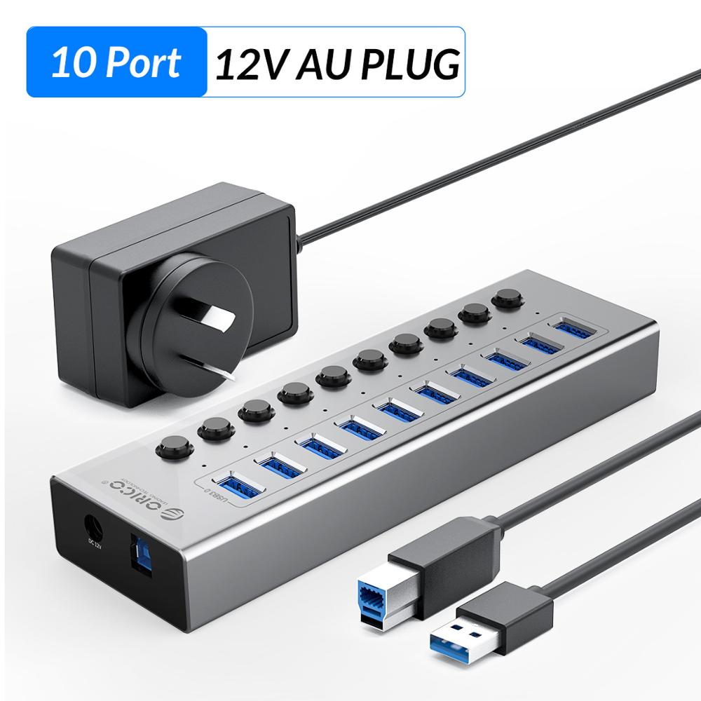 ORICO Industrial USB 3.0 HUB 7/10 Port Aluminum USB Splitter On/Off Switch With 12V Power Adapter Support Charging for Computer: 10 Port  AU Plug