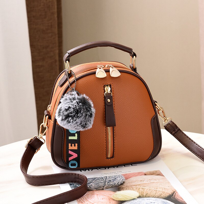 Solid Color Women Shell Bag Portable Shoulder Bag PU Leather Female Bag With Gray Hair Ball: Orange