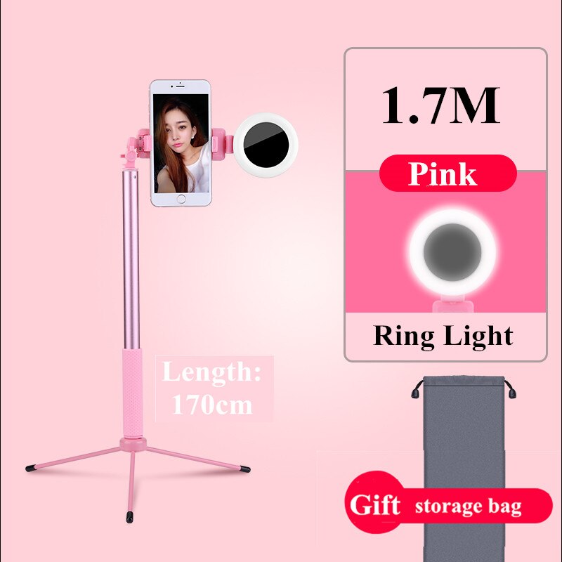 Tripé com iluminação led extensível 4 em 1, vareta para selfie, com suporte para celular, monopé, para iphone, 1.7m x 8 smartphone android,: 1.7M Pink Yes Light
