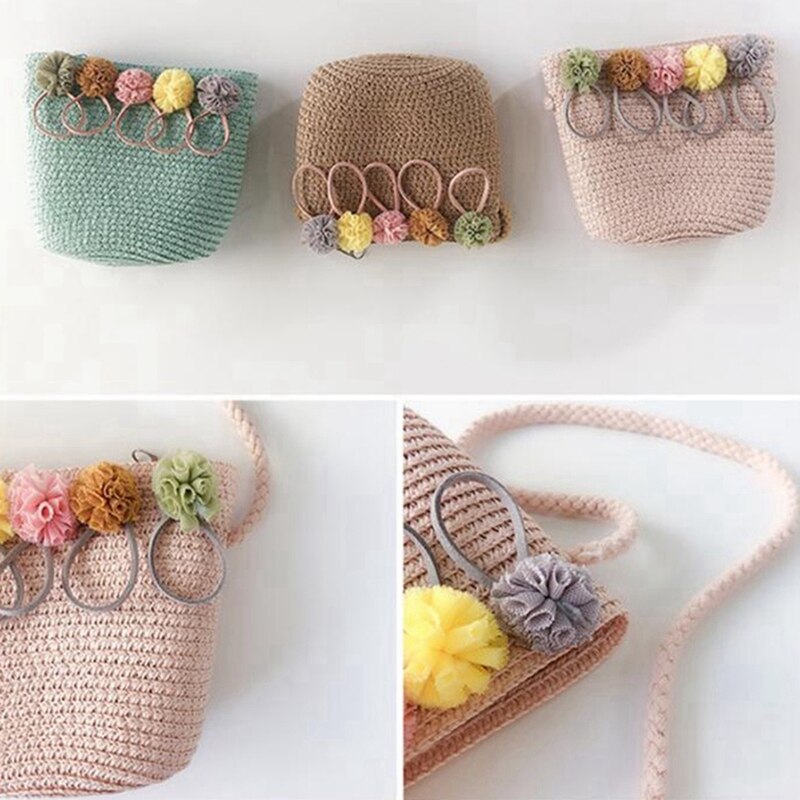 2 Stuks Meisjes Schoudertas Stro Rotan Weave Crossbody Tas Voor Baby Meisjes Best-Roze & Groen