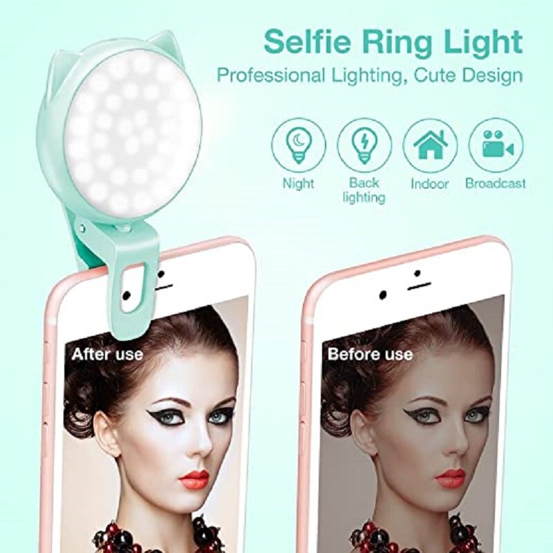 Luz recarregável de selfie para iphone, luz do anel com brilho ajustável de 9 níveis para o portátil, grampo em mini ledlight do telefone celular