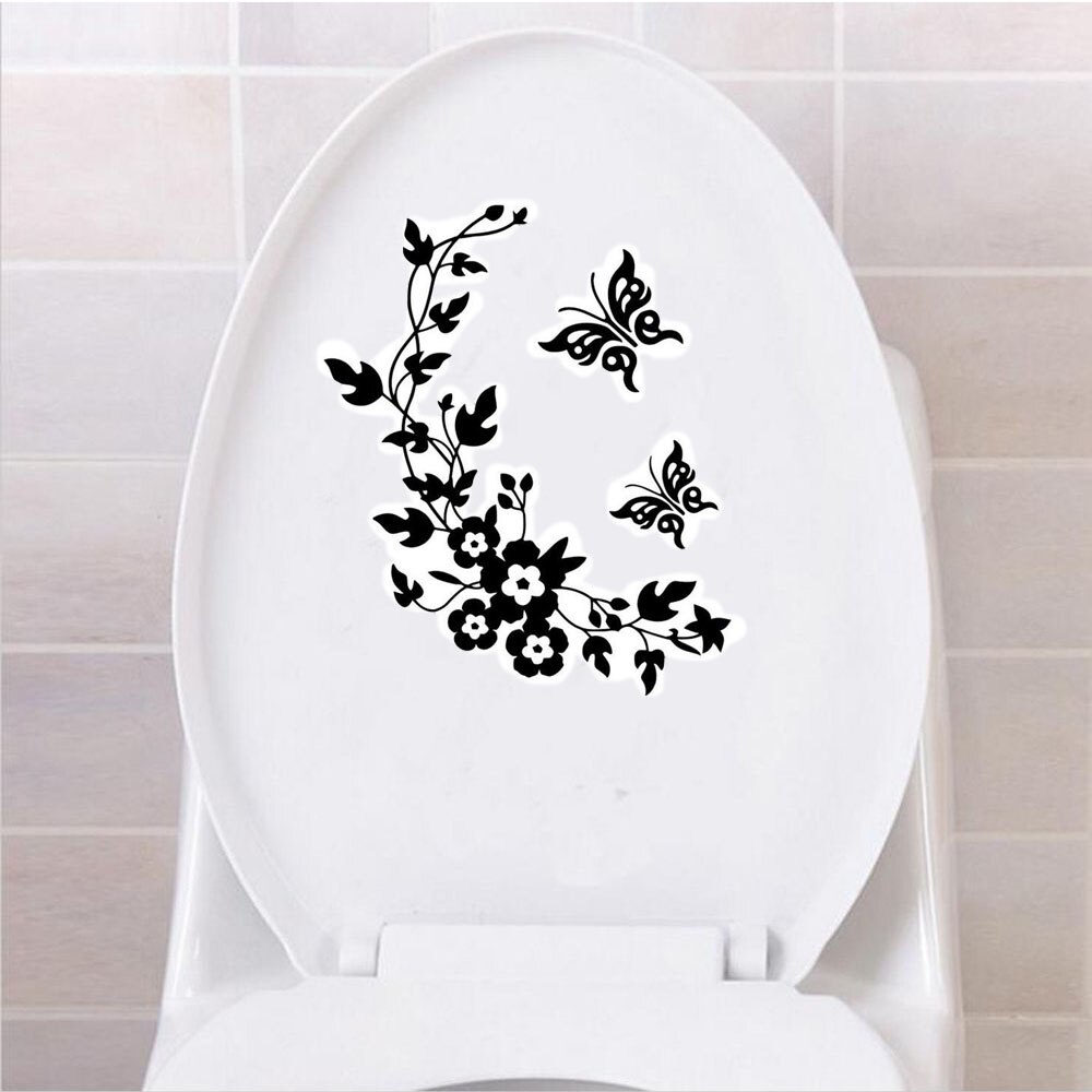 Czarny naklejka łazienkowa 3D motyl ściana kwiatów naklejki artystyczne naklejki wymienny wodoodporna dekoracje dla domu DIY toaleta wc naklejki