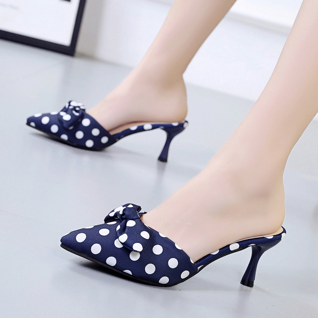 Sandalias de tacón fino de verano con estampado de lunares con nudo de mariposa, zapatos de punta estrecha para mujer
