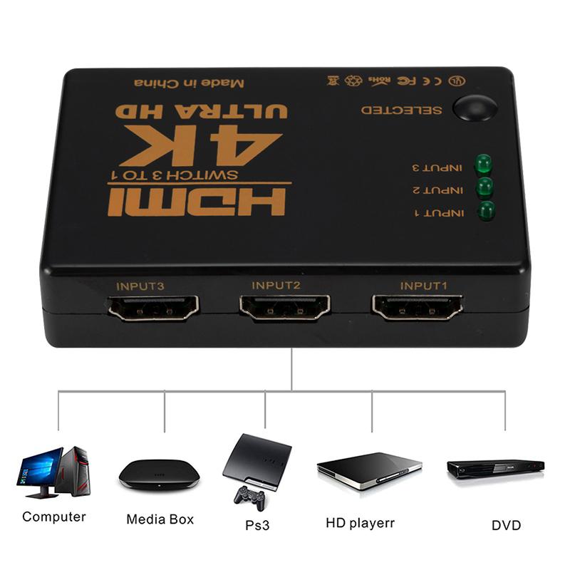 3 Port HDMI Splitter Switcher 3 In 1 Out Hub Box +Remote Auto Switch 1080P HD