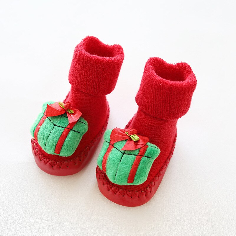 Winter Born Baby Christmas Socks Rubber Soles Skid Resistant Indoor Socks Warm Thick Toddler Girl Sock Shoes Year: Greengift / 13CM