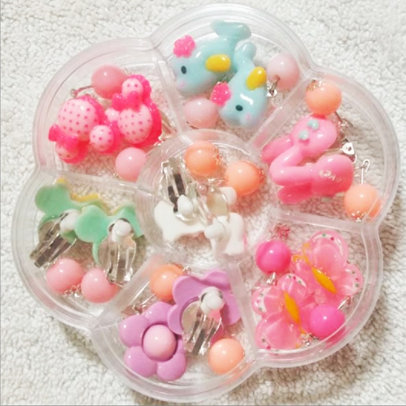 1 box Cute Lovely Party crystal children jewelry baby girl Earrings kids ear clip on Pierced Imitation Pearl Earrings