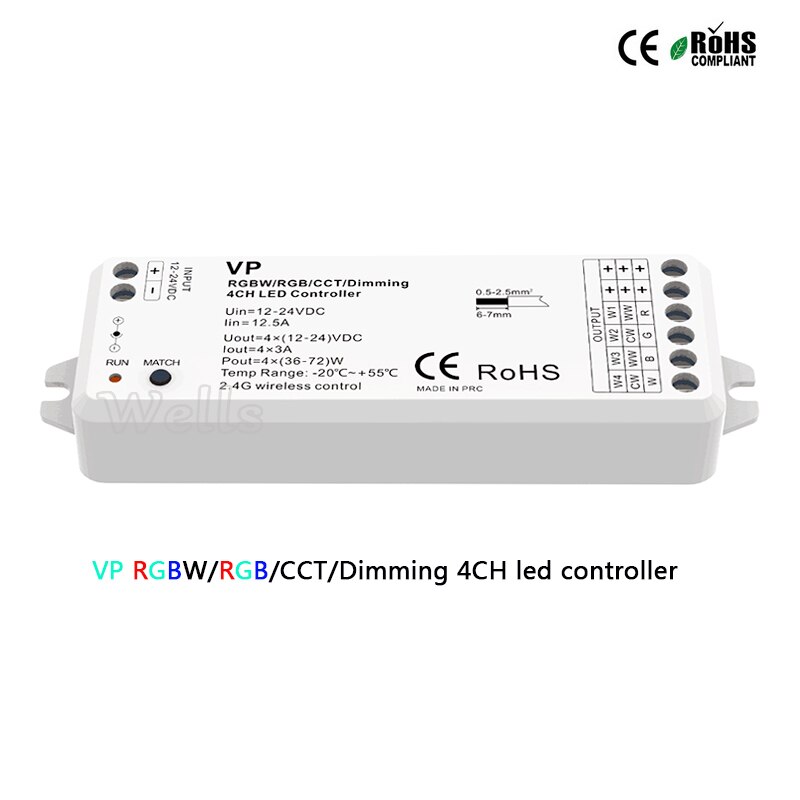 VP 2.4G wireless RGBW/RGB/CCT/Dimming 4CH DC12-24V 12A 4 in 1 Smart led strip light controller R8-1 RGB/RGBW remote