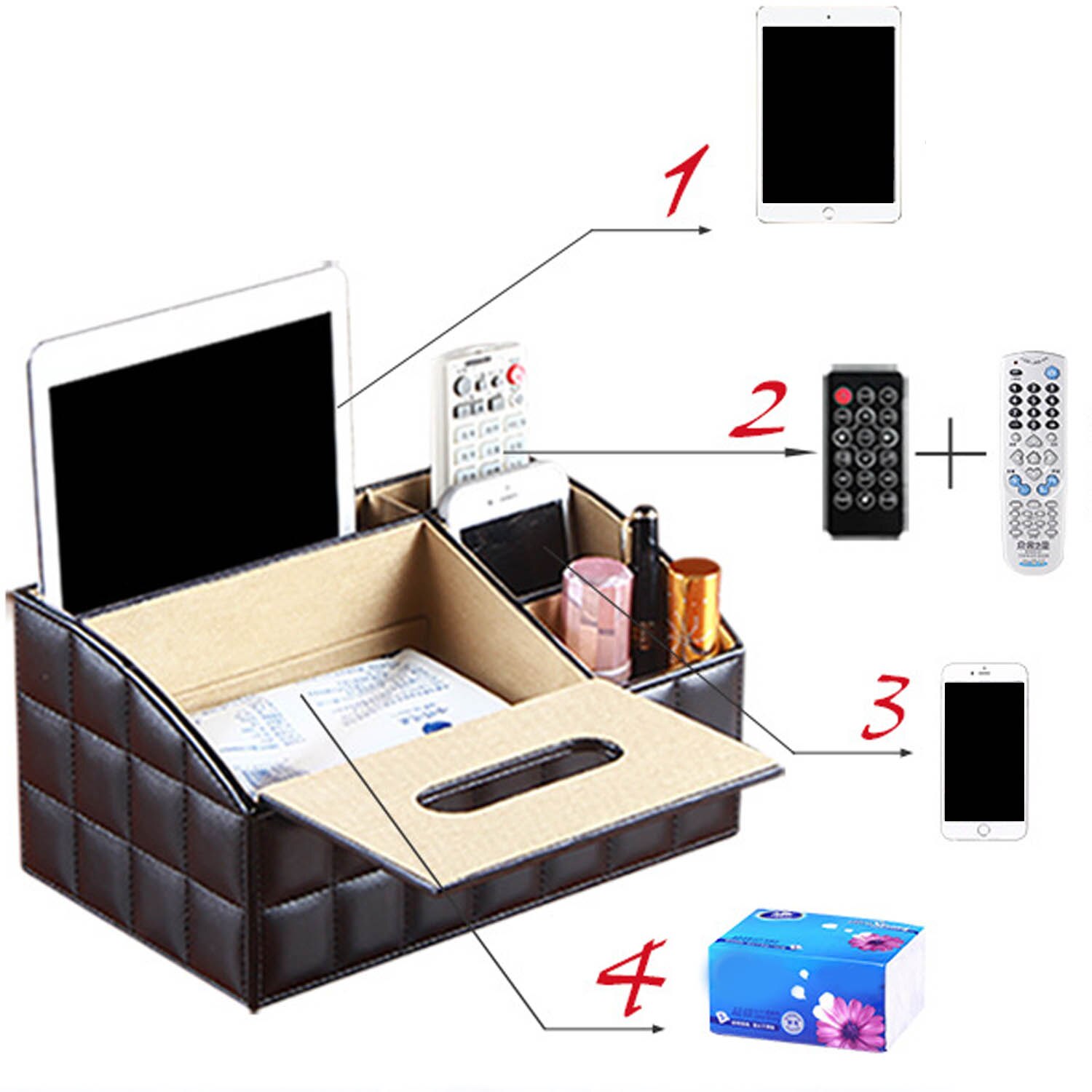 Behogar Multifunctional Desk Organizer Caddy Office Tissue Box Remote Control Holder PU Leather 4 Compartments Teacher Supplies