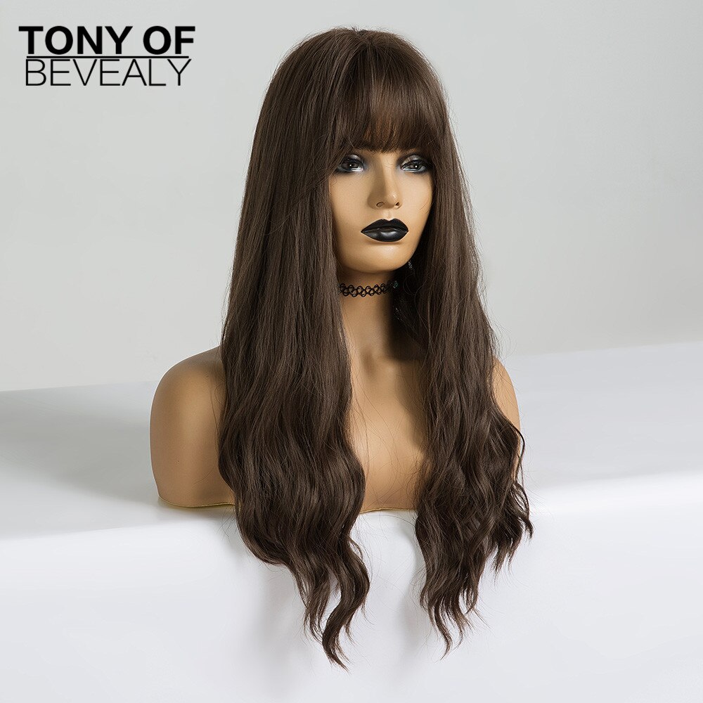 Long Wavy Dark Brown Natural Hair Wigs With Bangs Heat Resistant Synthetic Wigs for Afro Women Daily Cosplay Natural Wigs