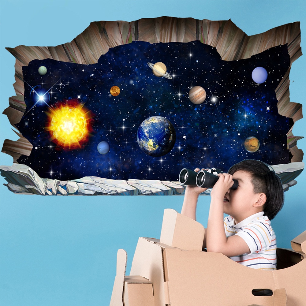 3D Outer Space Planets Wall Stickers Cosmic Wall Decals Kids Room Baby Bedroom Ceiling Floor Space Galaxy Planets Wall Sticker