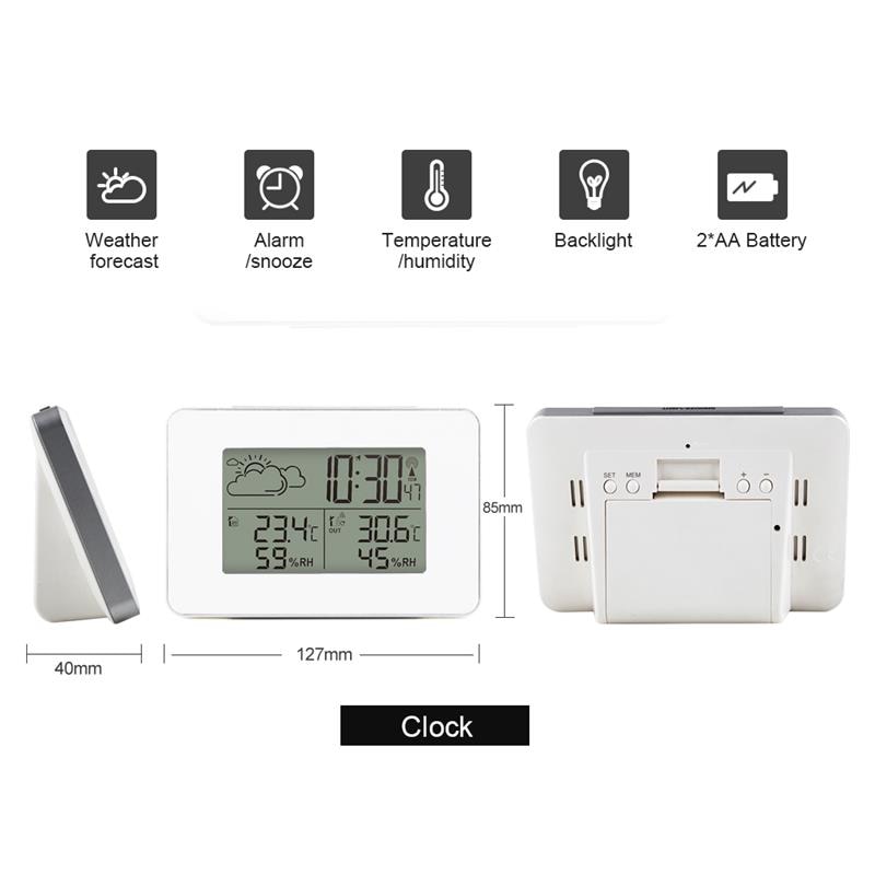 Draadloze Weerstation Thermometer LCD Digitale Scherm Outdoor Weerbericht Sensor Klok Thuis Hygrometer Klok Wit