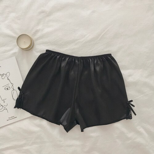 Sleep Bottoms Women Lace Solid Pajama Shorts Girls Summer Sleepwear Breathable Safety Outwear Sweet Students Thin Lounge Wear: black-bow