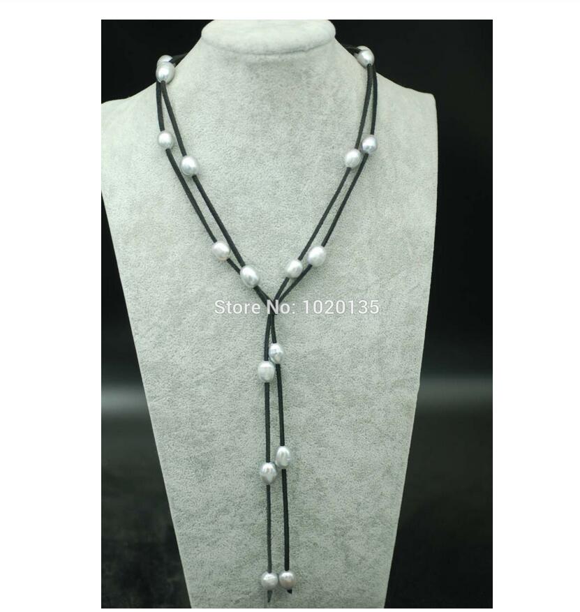 freshwater pearl gray egg big hole 9-13mm 48inch long black leather necklace FPPJ nature beads