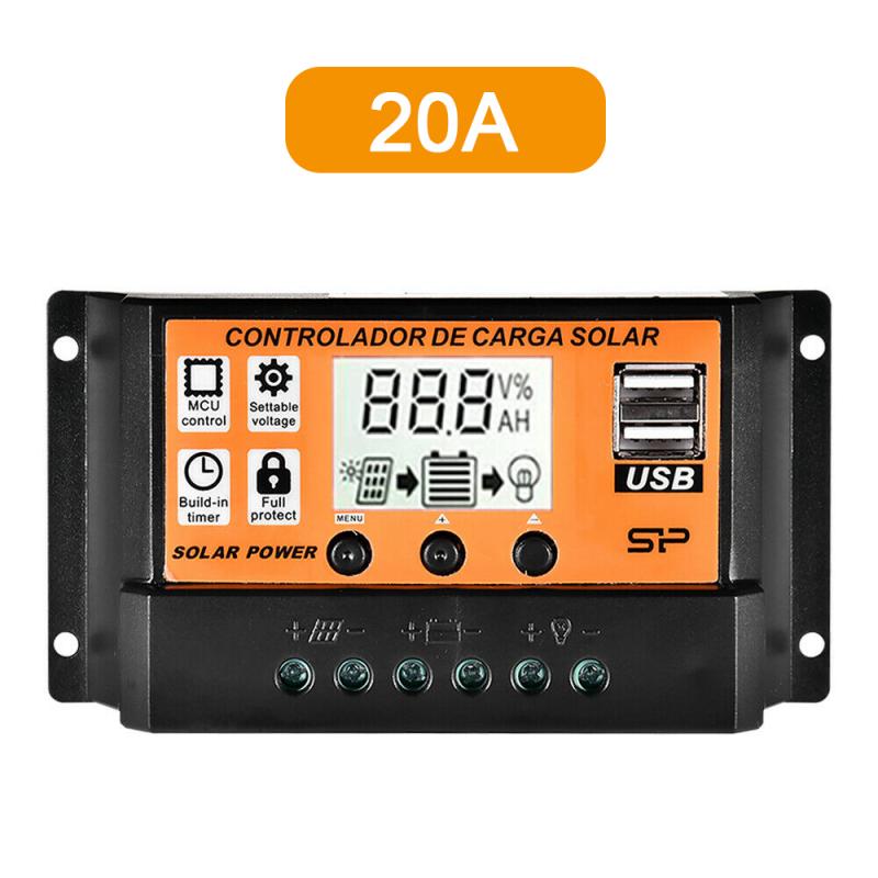 Controlador de carga Solar con doble puerto USB, controlador de Panel Solar con doble puerto USB, 12V/24V MPPT/PWM, controladores solares ajustables: 02