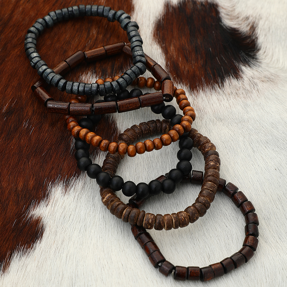 6 pçs novo estilo nacional de madeira retro masculino artesanal frisado pulseira design multi-cor linha elástica conjunto de pulseira de contas de madeira