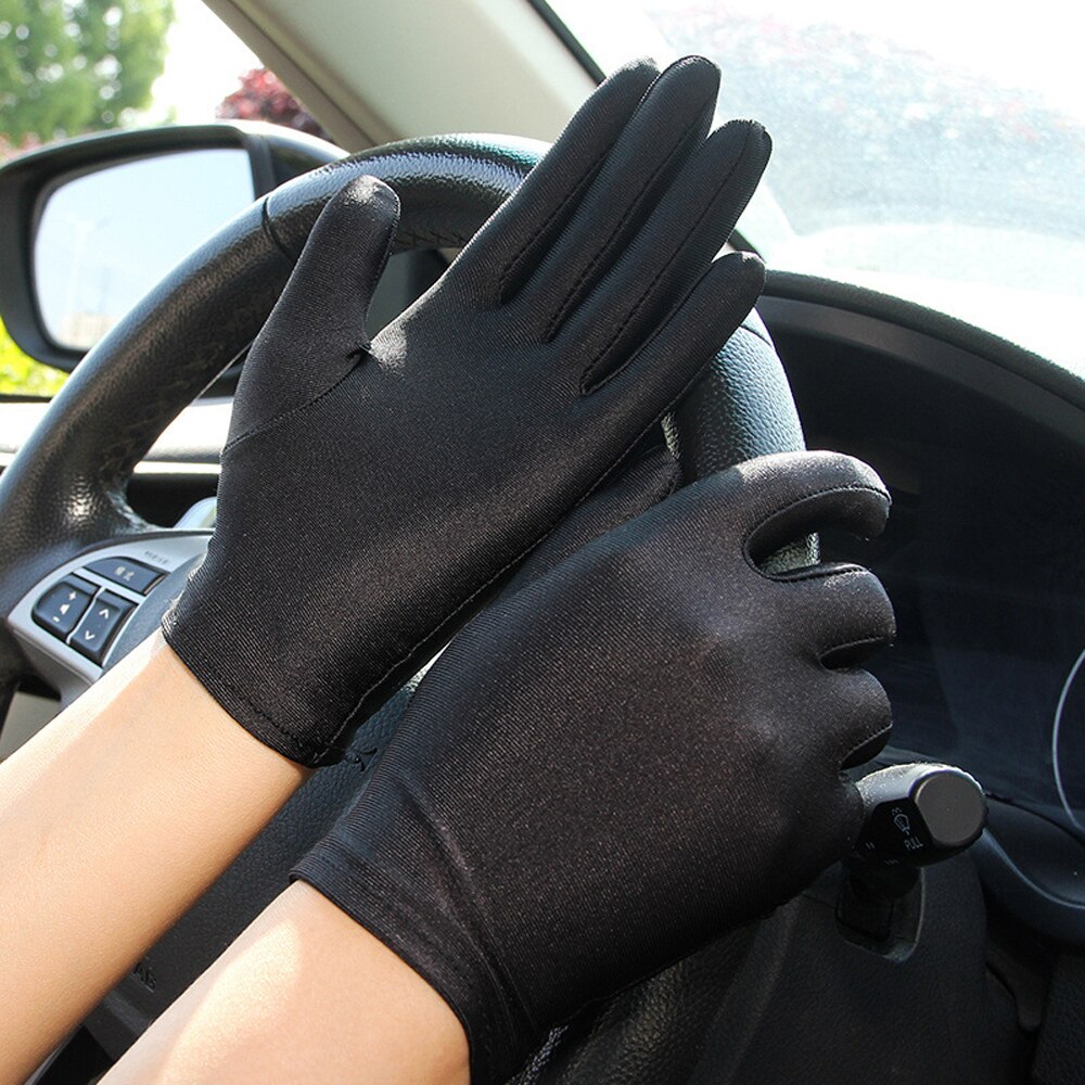 Summer Thin Sun Protection Gloves Unisex Dots Printed Etiquette Dance Gloves Pure Color Elastic Cycling Driving Glove: black
