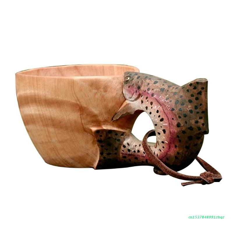 Hand Gesneden Rubber Houten Mok Dieren Hoofd Afbeelding Cup Houten Dier Mok Vorm Draagbare Camping Drinkbeker Drinkbekers: Rainbow trout