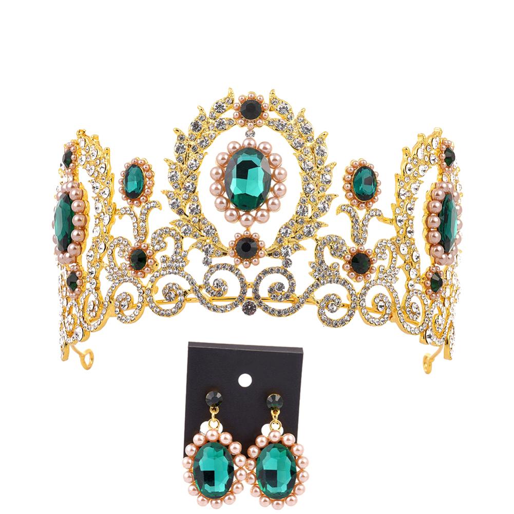 Barroco feminino strass falso pérola coroa tiara brincos conjunto de jóias de casamento