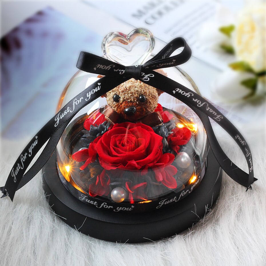 Getrocknete Blumen Ornamente Erhalten Rosen Bears in Glas Abdeckung mit Lichter Hochzeit Weihnachten Neue Jahr Wohnkultur für Mädchen