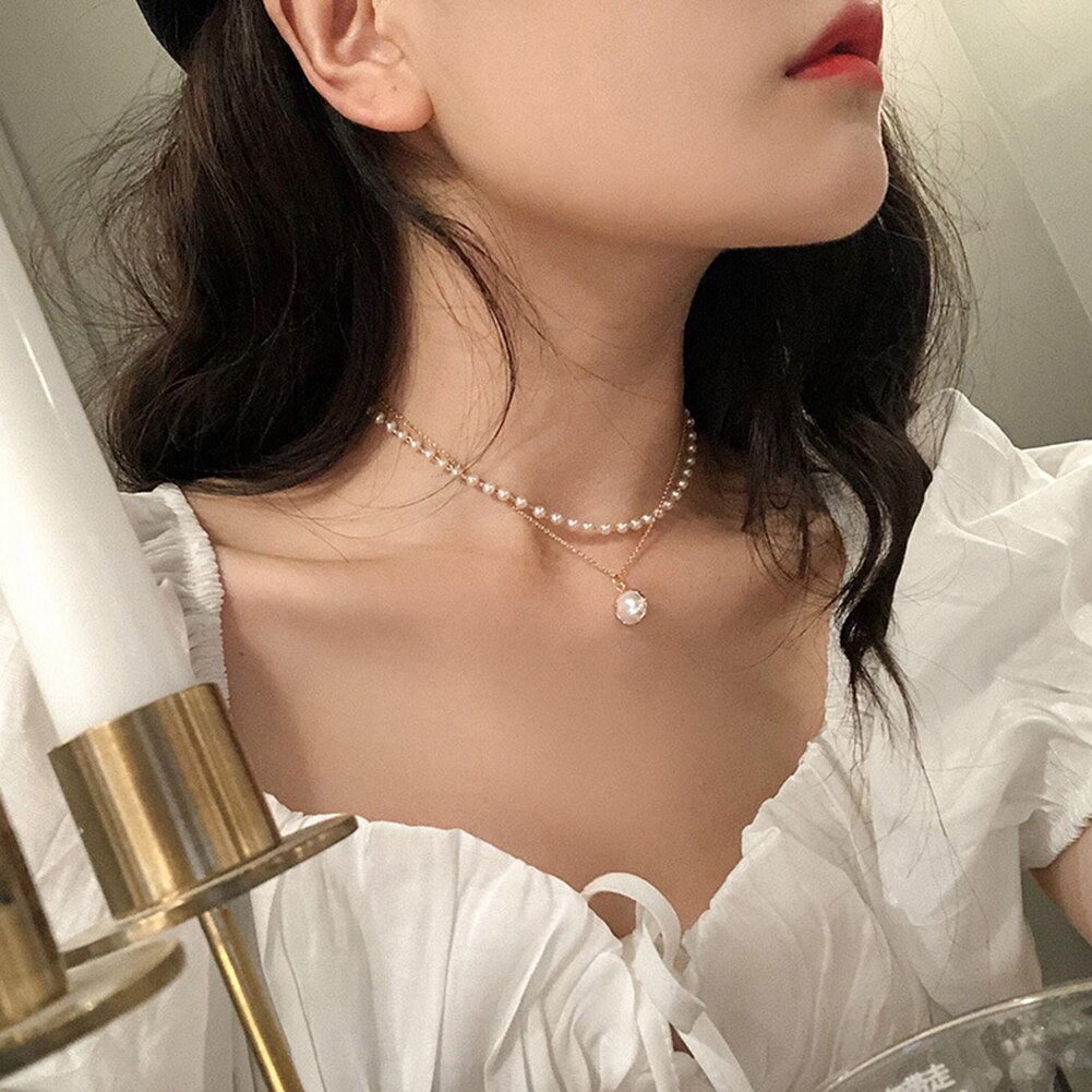 Kpop Pearl Choker Necklace Women Cute Girl Double Layer Chain Exquisit Gold Pendant Chokers Necklaces Jewelry Woman