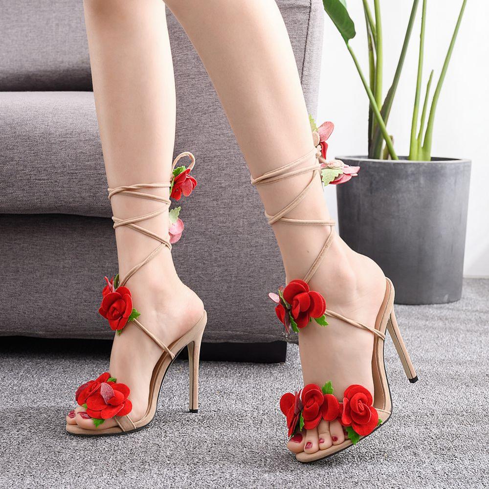 Mode Mooie Bloem Pompen Hoge Hak Sandalen Dunne Hakken Peep Toe Bangdage Gladiator Sandalen