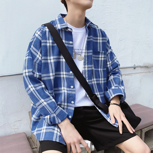 Koreansk stil casual oversize långärmad rutig skjorta i bomull: Blå / Xl
