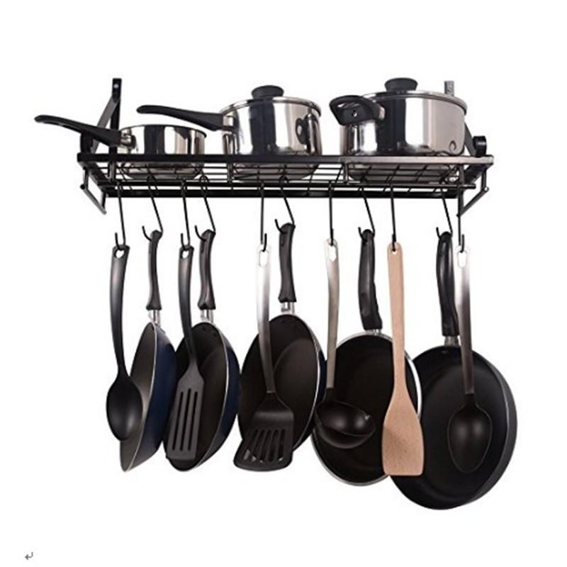 Kitchen Wall Mounted Cookware Storage Shelf With Hook Pot Pan Rack Holder Hanger Kitchen Storage Rack Tableware Organizer
