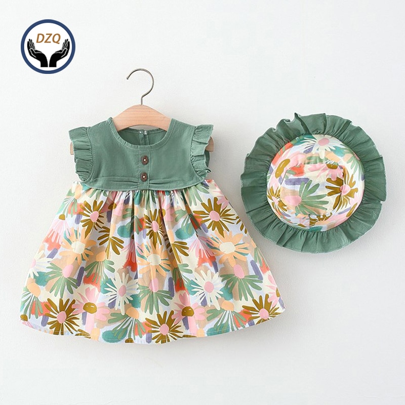 2022 vestito estivo per bambina con cappello a secchiello abiti da spiaggia floreali in cotone vestiti per bambina vestito estivo per bambini
