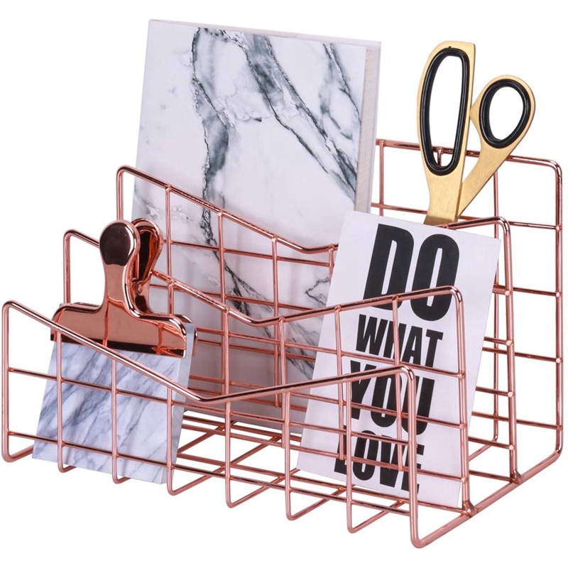 Letter Holder Business Office File Tray Metal Rose Gold Mail Envelope Vertical Organizer 3 Layer Hollow Out Rack