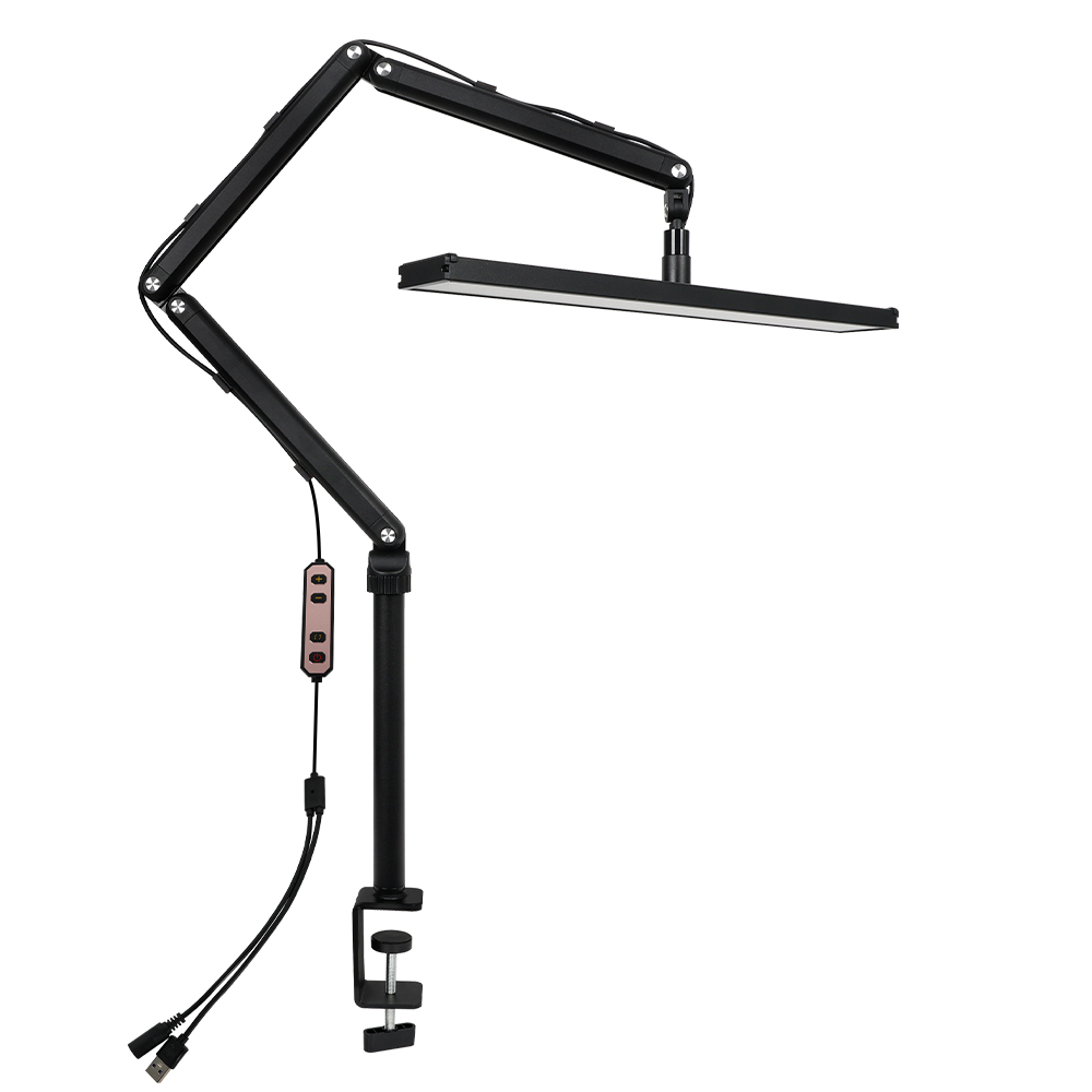 Lampada da scrivania a LED 3000K-6000K con morsetto 1400LM Lampada da banco da lavoro con braccio oscillante in metallo luminoso e accattivante per gli occhi Doppio adattatore/porta USB per ufficio: Black