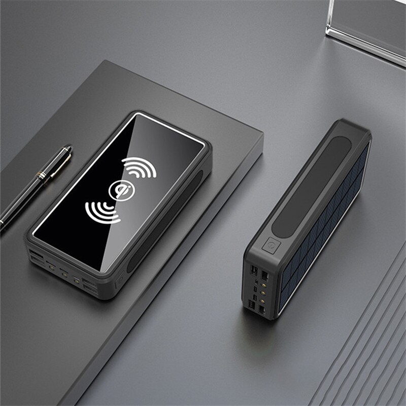 80000mAh Qi caricabatterie rapido Wireless Powerbank solare con luce a LED porta 4USB per telefono cellulare esterno ricarica rapida per Xiaomi Samsung: black