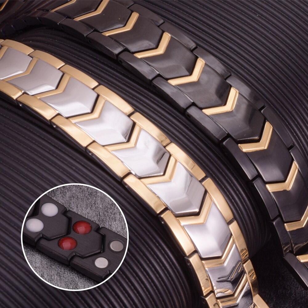 Bracelet magnétique pour hommes, en acier inoxydable noir, chaîne à main, large énergie de santé, Germanium, Bracelets pour hommes