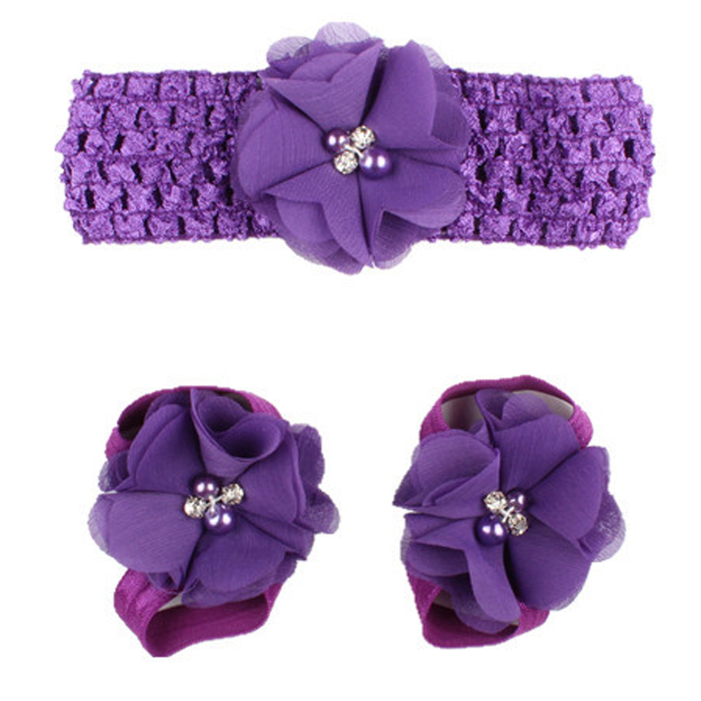 3 Pieces A Set Cute Baby Girls Toddler Flower Hairband Headband Flower Barefoot Sandal / Shoes Set Children Accessories: dark purple