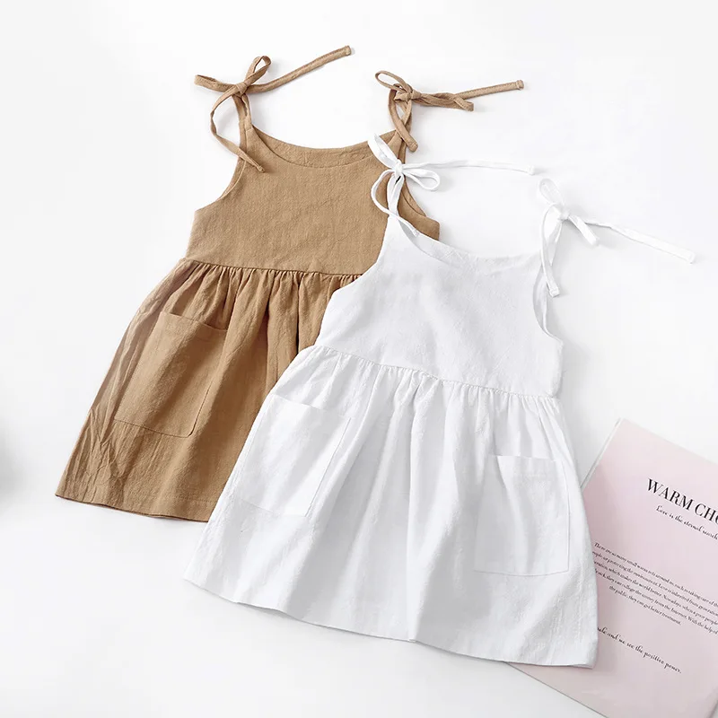 Abito estivo da bambina per bambina Abito da spiaggia per bambini in cotone senza maniche con tasca
