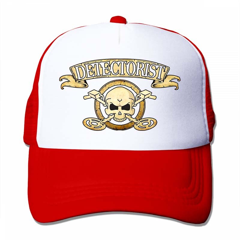 Men detectorist skull & crossbones Metal detector Treasure hunter 2 sided cotton badge Baseball cap men women Trucker Hats: 4-Red