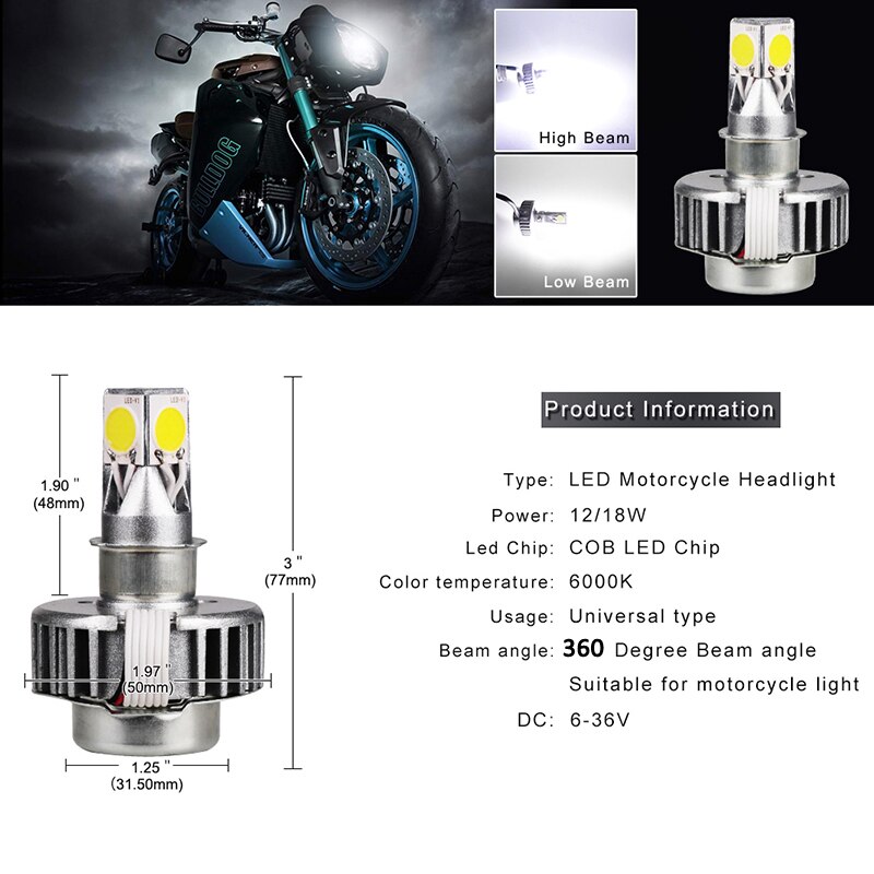 Bombilla Led H6 H4 para faro de motocicleta, luz de 12V, Ba20d, 12/18W