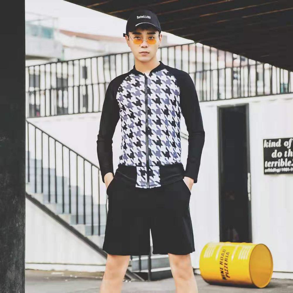 Badbyxor för män för simning långärmad sportbaddräkt i två delar med shorts för tonåringar m -3xl: Xxl