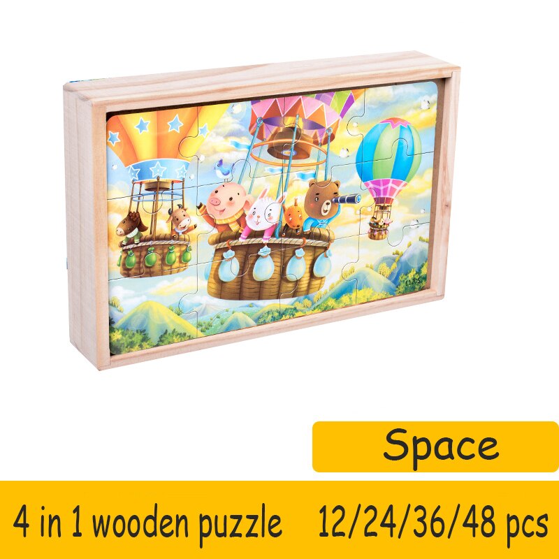WYW – Puzzle 4 en 1 en bois pour enfants, avec boîte de rangement, grand modèle exquis, jouet Parent-enfant: Space opp