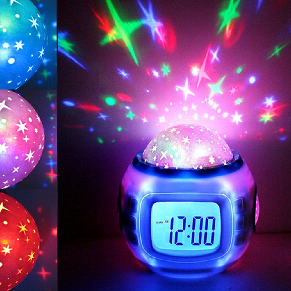 Music Starry Sky Star Projector Digital Alarm Clock Projection Night Light Color Changing Desk Clock Calendar Children