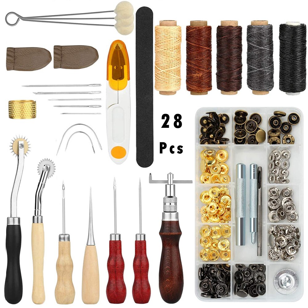 Leather Craft Tools Hand Sewing Stitching Punch Carving Work Saddle Groover Kit Accessories DIY Leather Tool: Set H