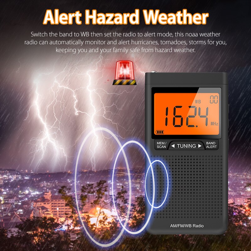 FM AM NOAA Notfall-Taschenradio, tragbares Wetterradio mit Wetterwarnung, Wecker, automatische Sucheskanäle, Mini-Handradio