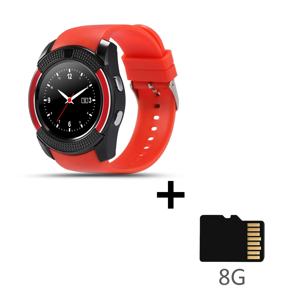 V8 montre intelligente carte sim hommes caméra arrondi réponse appel cadran appel Smartwatch android Fitness Tracker Sport: red-Add-8GB-SDCard