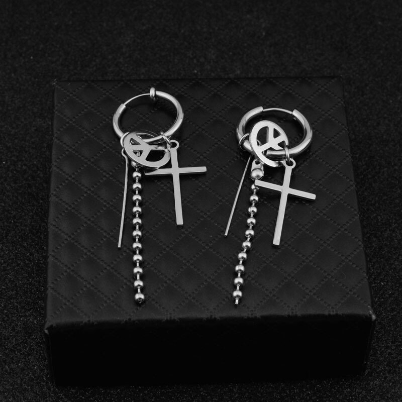 Pendientes de Punk para hombre, aretes cruzados de acero inoxidable con Clip de cadena, sin Piercing, pendiente de oreja para hombre y niño, joyería: EDH010308