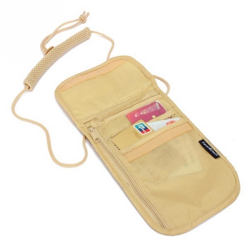 Anti-vol voyage passeport cou sac en Nylon téléphone portefeuille pochette pour hommes et femmes Mini sac à bandoulière cou portefeuille passeport pochette: Beige