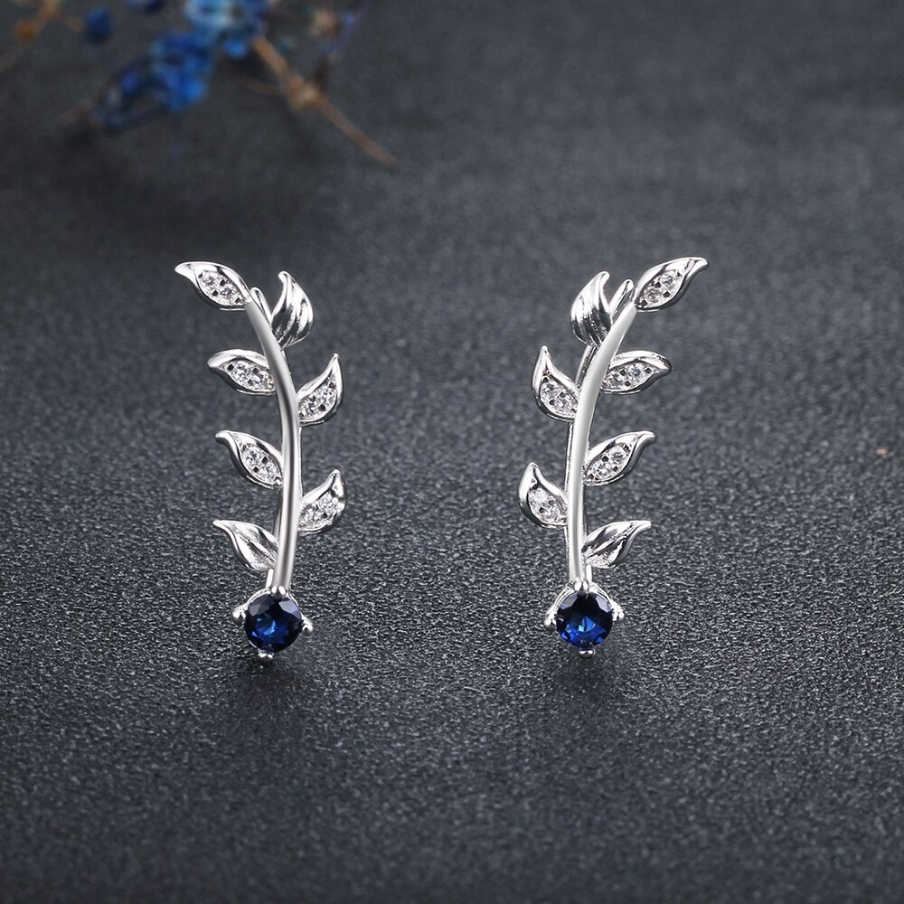 Accesorios de hojas pendientes de circonita cúbica azul para mujer, Plata de Ley 925, de joyas de (JewelOra EA103166)