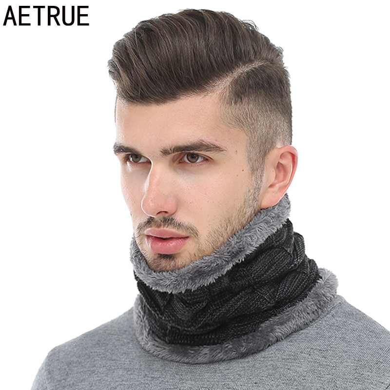 AETRUE Winter Men Scarf Ring Winter Scarves For Men Women Warp Thick Collar Neck Snood Shawl Plaid Warm Fur Soft Male Scarves