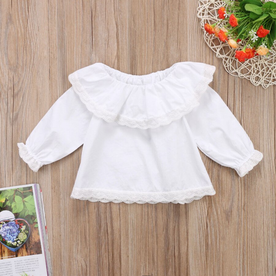 Neugeborenen Kleinkind Infant Baby Mädchen Solide Weiß Süße Tops Shirt Spitze Langarm Tops T-shirts Kleidung 0-24M