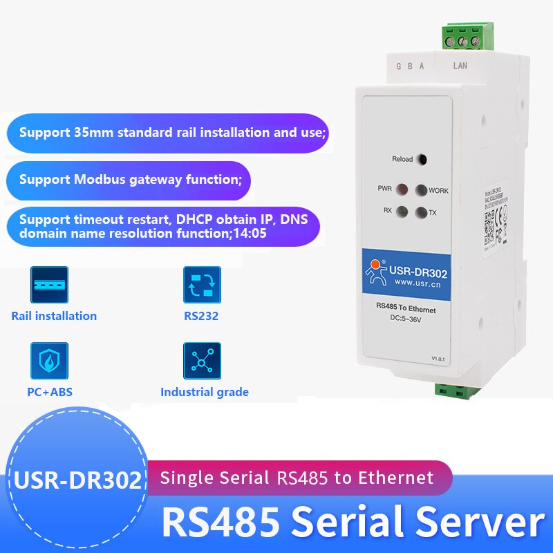 USR-DR302 Din Rail Serial RS485 to Ethernet TCP IP Server Module Ethernet Converter Modbus RTU to Modbus TCP unit